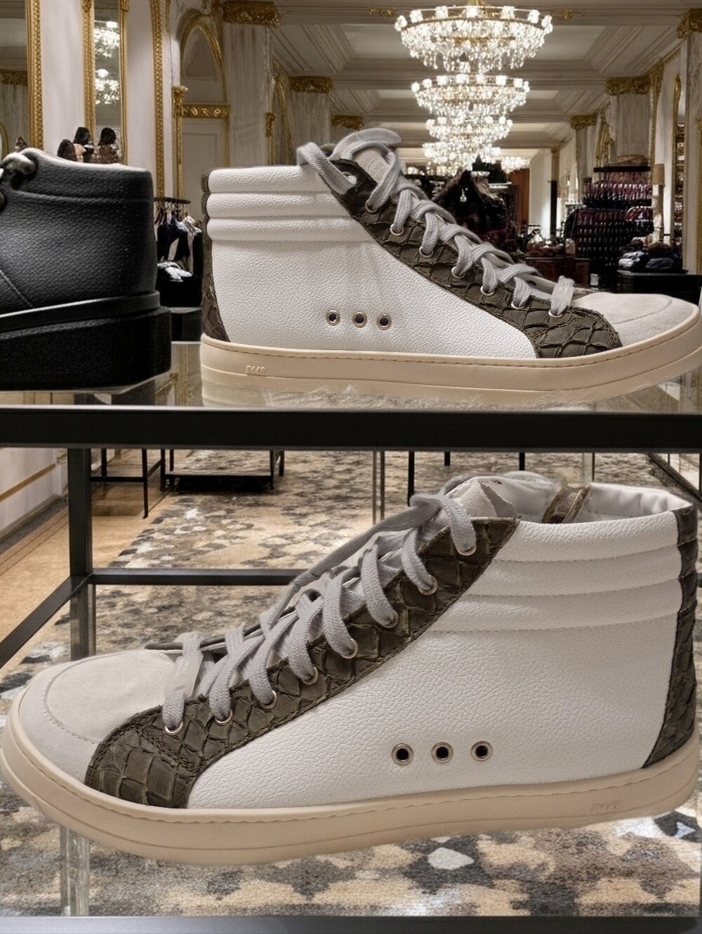 New P448 Skate High-Top Cream & Olive Green Croc Print Sneakers Women's EU 40